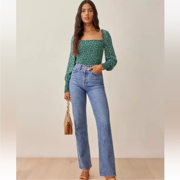 Reformation green floral pinto long sleeve smocked blouse top XS - Picture 7 of 14